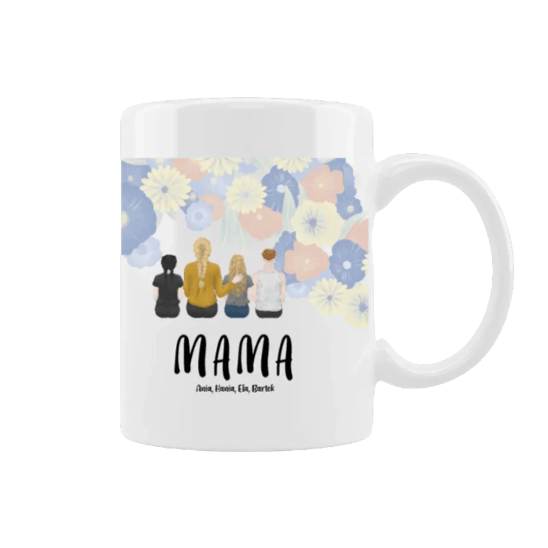 Personalizowana filiżanka z napisem MAMA i imionami dzieci, idealny prezent dla mamy z kwiatowym wzorem