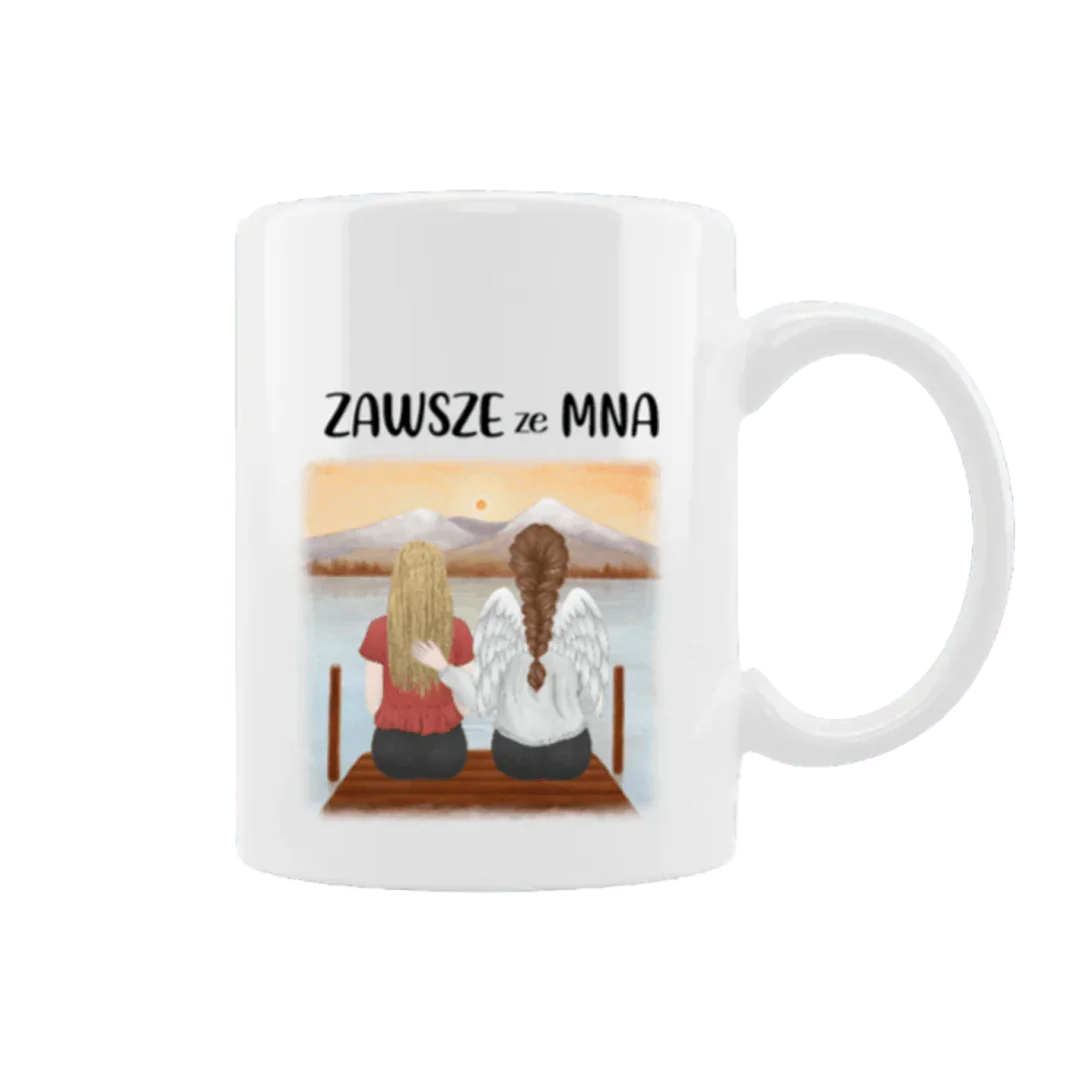 Personalizowany kubek z napisem 'ZAWSZE ze MNA' i ilustracją dwóch osób na molo, idealny prezent dla bliskiej osoby