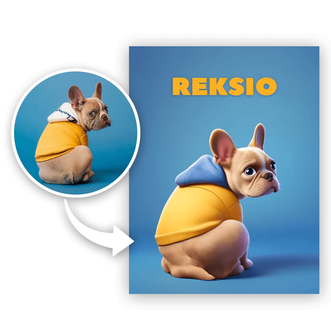 Personalizowany prezent z imieniem REKSIO – uroczy pies w żółtym swetrze, idealny na prezent dla bliskich