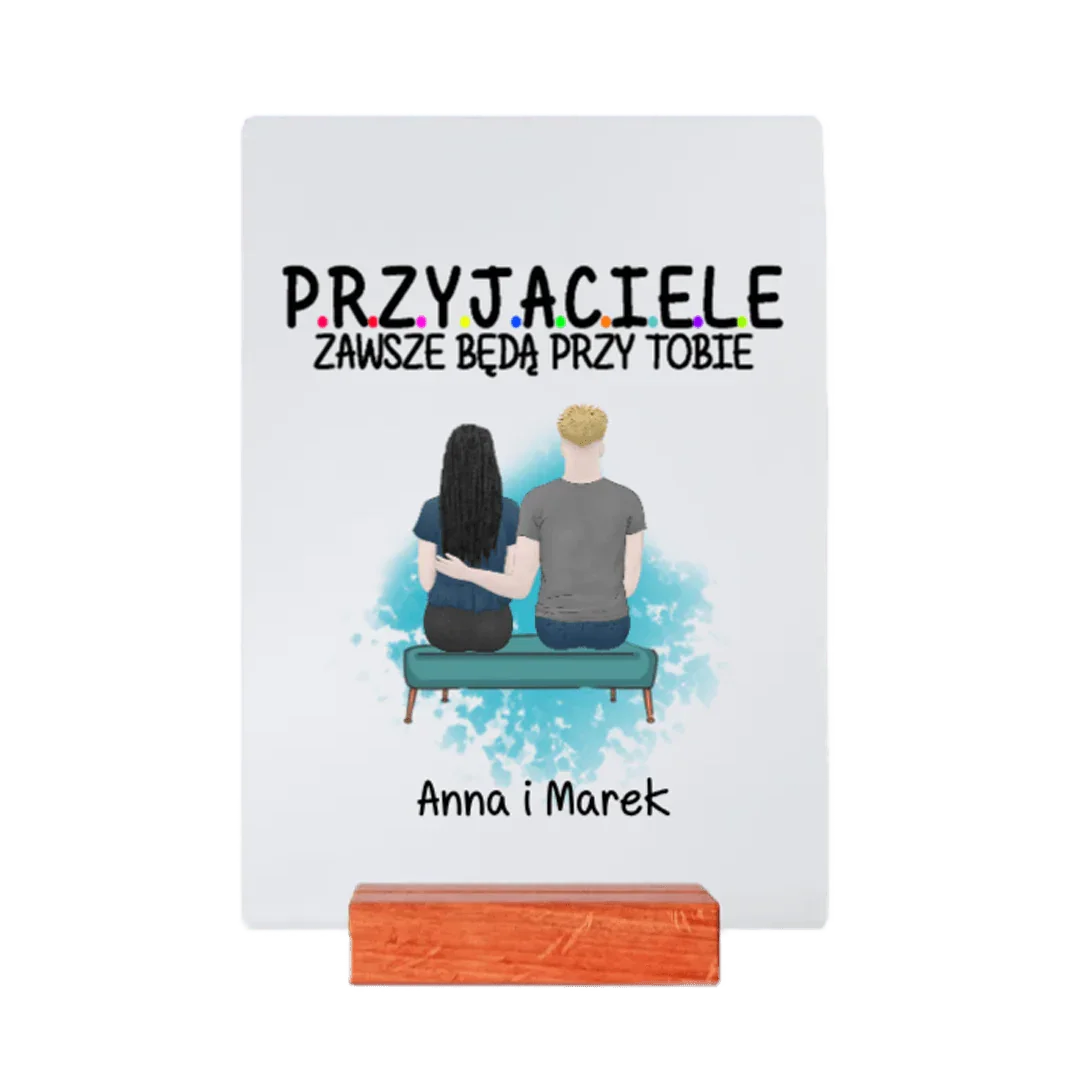 Personalizowany prezent dla przyjaciół – para siedząca na ławce z napisem 'Przyjaciele zawsze będą przy tobie', imiona Anna i Marek
