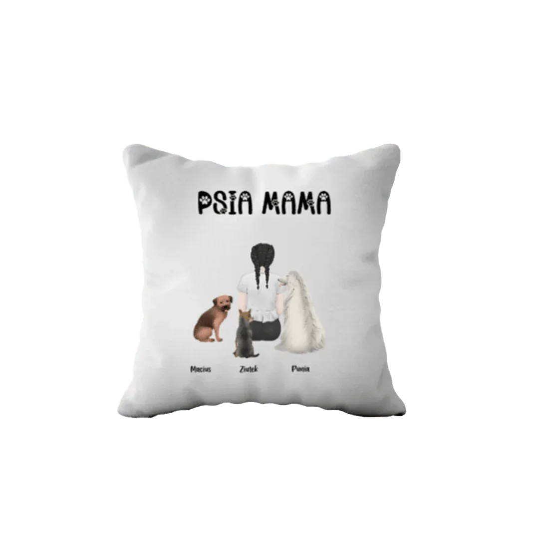 Personalizowana poduszka 'Psia Mama' z imionami psów i kotka, idealny prezent dla miłośnika zwierząt