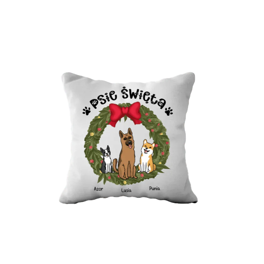 Personalizowana poduszka świąteczna z psami Azor, Lusia, Punia i napisem 'Psie Święta'
