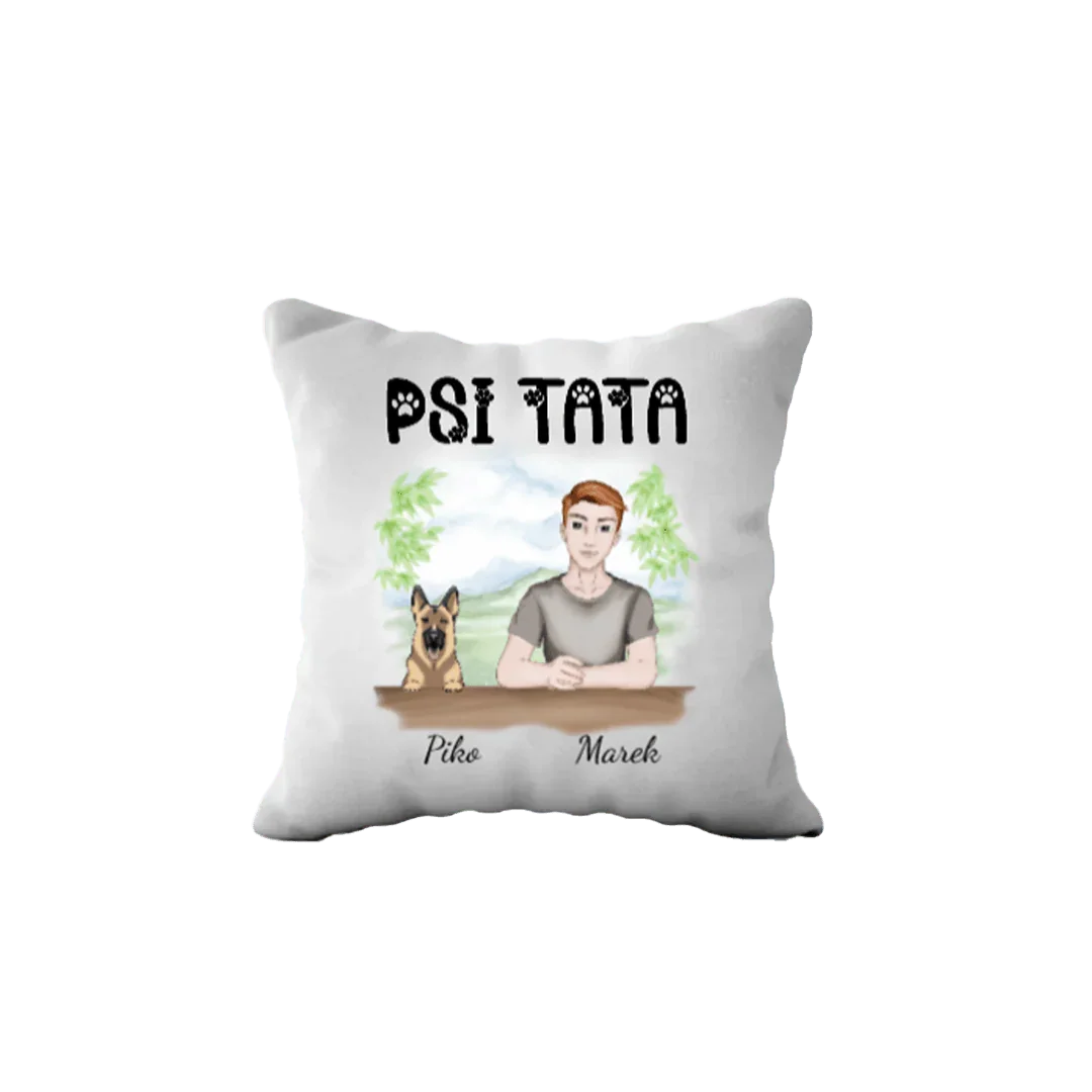 Personalizowana poduszka 'Psi Tata' z imionami Piko i Marek, idealny prezent dla miłośnika psów