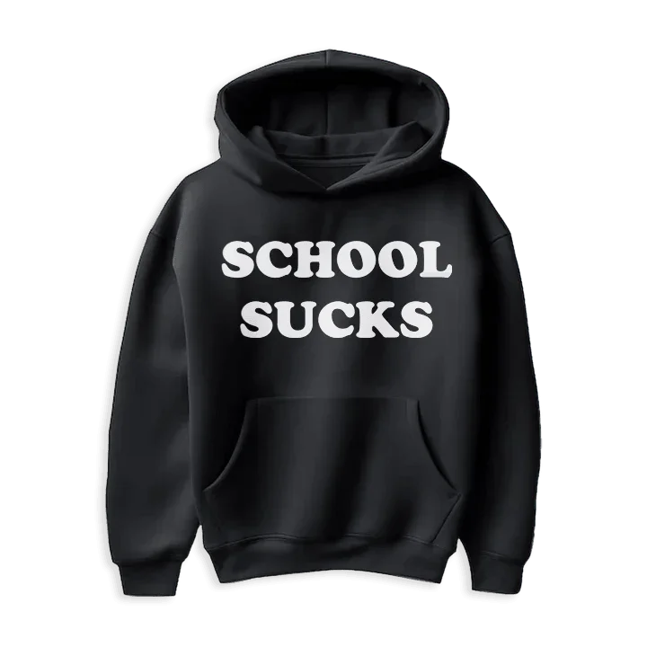 Czarna bluza z kapturem z napisem SCHOOL SUCKS, idealna jako personalizowany prezent
