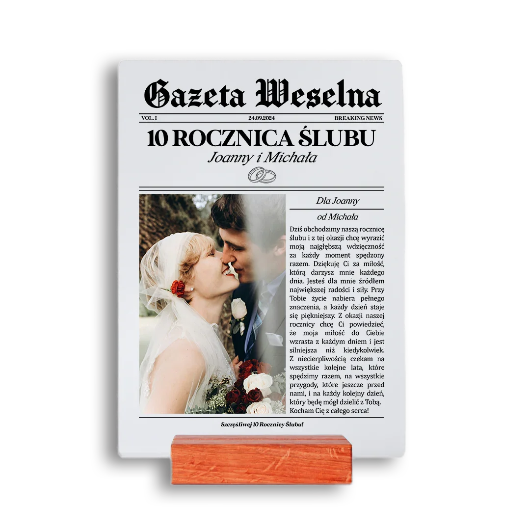Personalizowany prezent na 10 rocznicę ślubu – gazeta weselna z dedykacją i zdjęciem pary