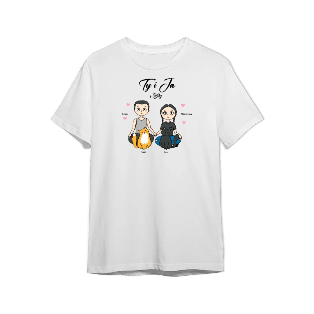 Personalizowany t-shirt 'Ty i Ja i Dzicy' z ilustracją pary i kotów, idealny prezent dla bliskich