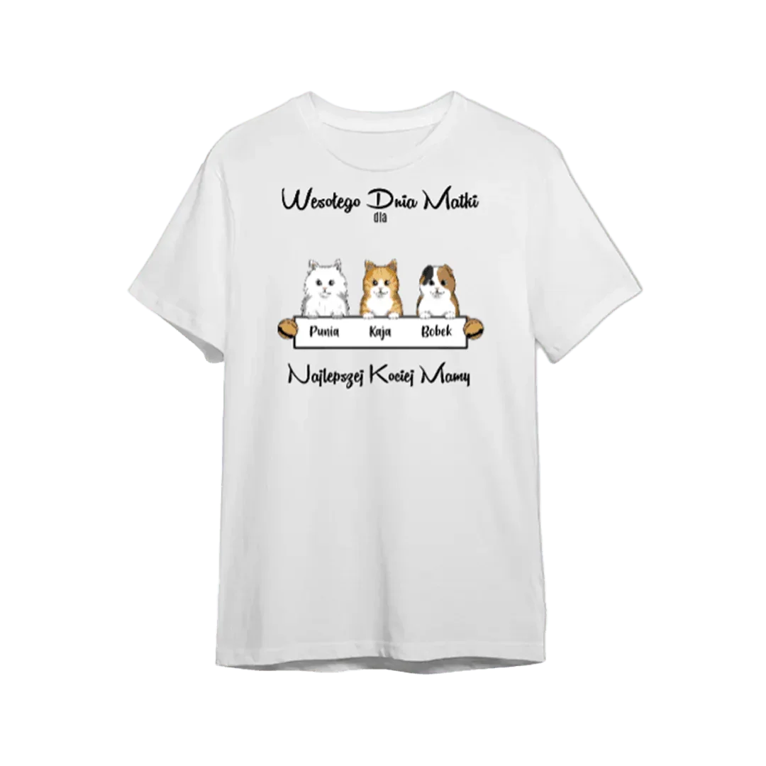 Personalizowany t-shirt z kotami na Dzień Matki, idealny prezent dla kochającej mamy z imionami kotów