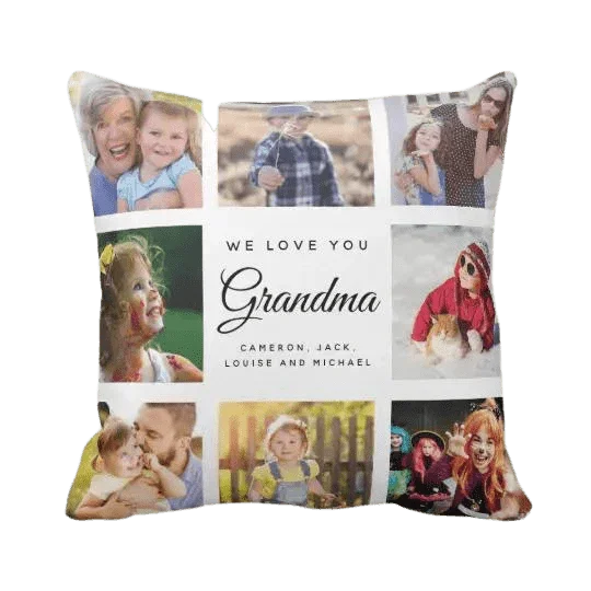 Personalizowana poduszka z fotografią dla babci – idealny prezent z napisem 'We Love You Grandma'
