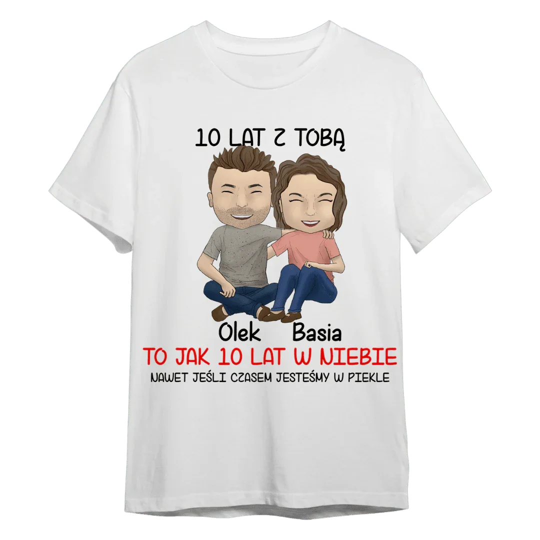 Personalizowany t-shirt na 10-lecie związku z imionami Olek i Basia, idealny prezent dla pary