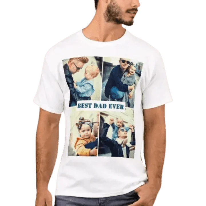 Biały t-shirt z personalizowanym nadrukiem 'BEST DAD EVER' i czterema zdjęciami ojca z dziećmi, idealny prezent na Dzień Ojca
