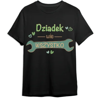 Czarny t-shirt z napisem 'Dziadek wie wszystko' i kluczem, idealny prezent personalizowany dla dziadka