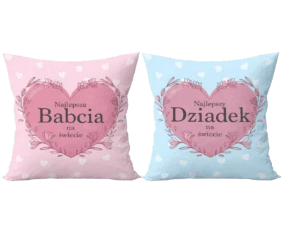 Personalizowane poduszki z napisem 'Najlepsza Babcia' i 'Najlepszy Dziadek' w kolorach różowym i niebieskim
