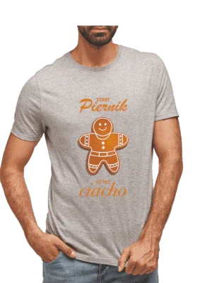 Szary t-shirt z personalizowanym nadrukiem pierniczka i napisem 'Stay Piernik to the ciacho'