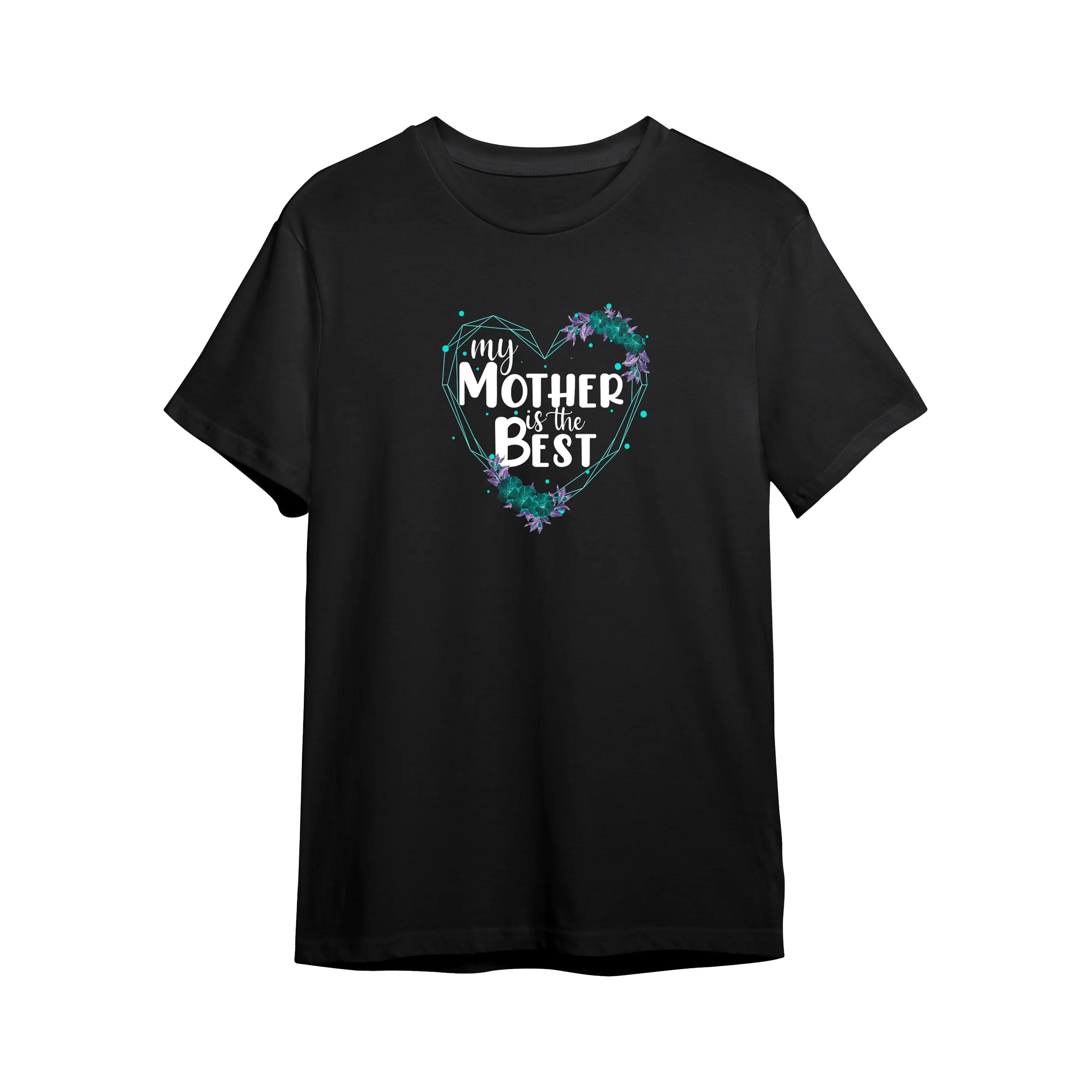 Czarny t-shirt z napisem 'my MOTHER is the BEST' w sercu z kwiatami, idealny prezent dla mamy