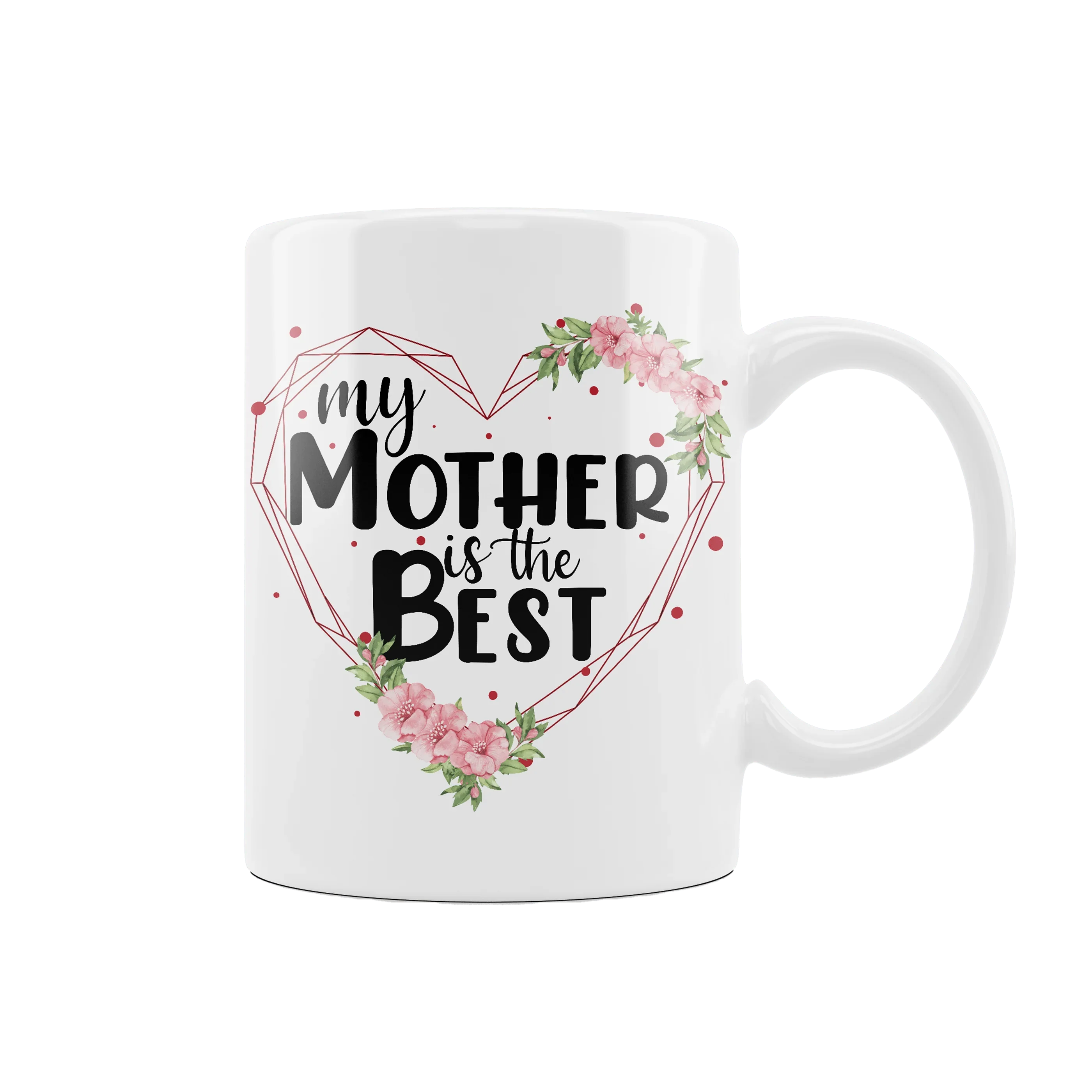 Biała filiżanka z napisem 'my MOTHER is the BEST' w sercu z kwiatami, idealny prezent dla mamy