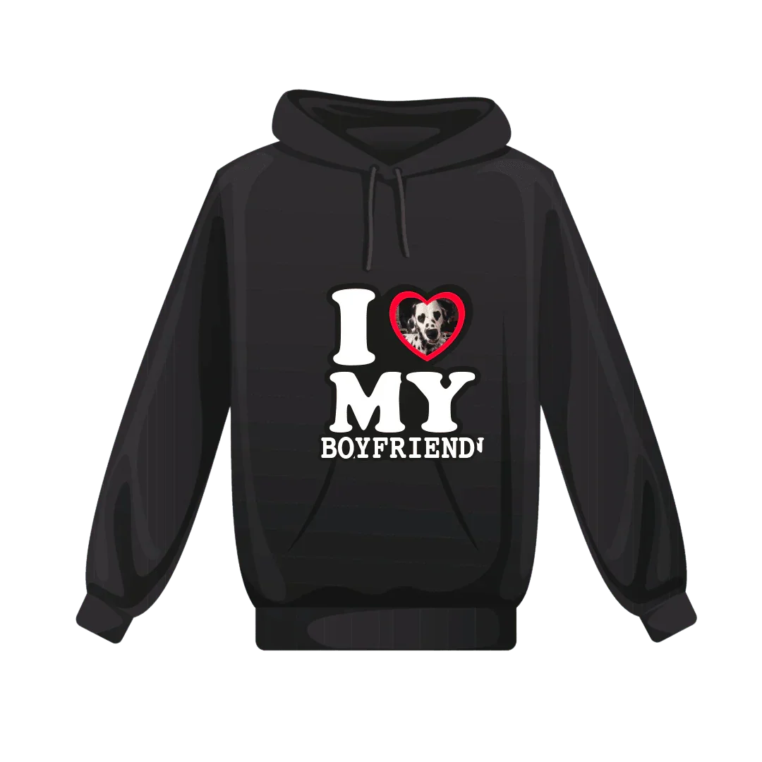 Czarny bluza z napisem 'I ❤️ MY BOYFRIEND' i zdjęciem psa w sercu – idealny prezent personalizowany