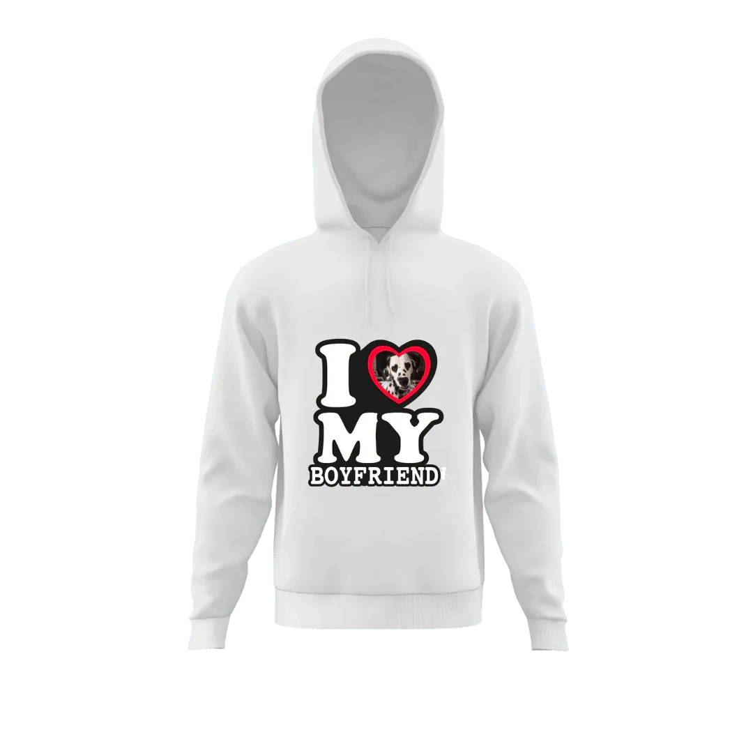 Biała bluza z napisem 'I ❤️ MY BOYFRIEND' i zdjęciem psa w sercu – idealny prezent personalizowany