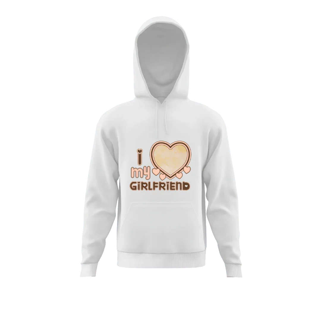 Biały bluza z kapturem z napisem 'I love my girlfriend' i sercem, idealny prezent personalizowany dla ukochanej