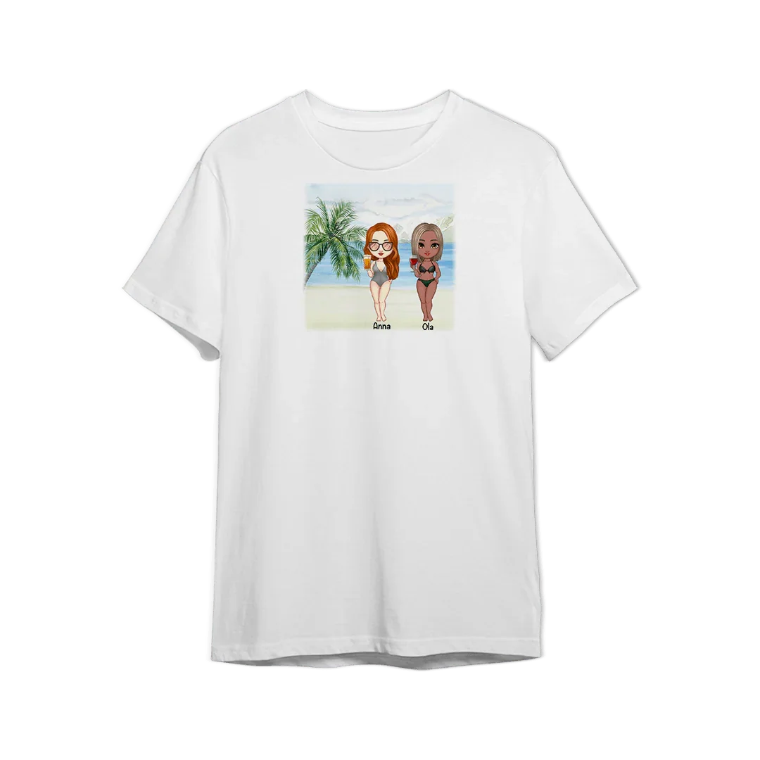 Personalizowany t-shirt z ilustracją dwóch dziewczyn na plaży, idealny prezent dla bliskiej osoby