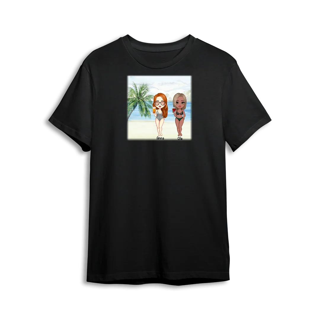 Personalizowany t-shirt z ilustracją dwóch dziewczyn na plaży, idealny prezent dla bliskiej osoby
