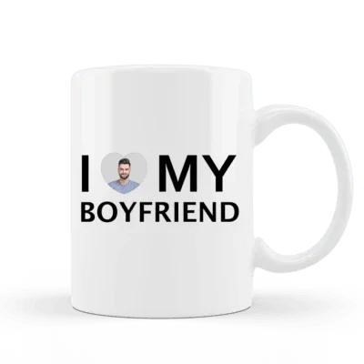 Personalizowana filiżanka z napisem I ❤️ MY BOYFRIEND i zdjęciem, idealny prezent dla ukochanego