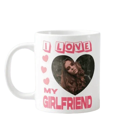 Personalizowany kubek z napisem 'I LOVE MY GIRLFRIEND' i sercem z zdjęciem