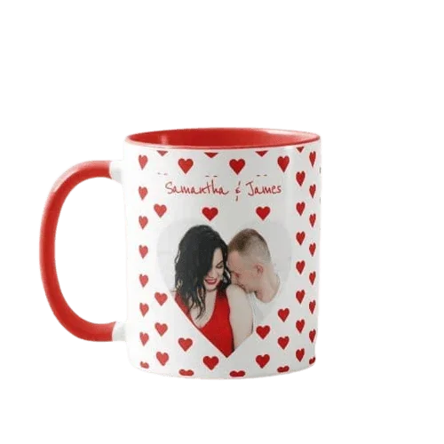 Personalizowana filiżanka z zdjęciem pary i sercami, idealny prezent na walentynki lub rocznicę