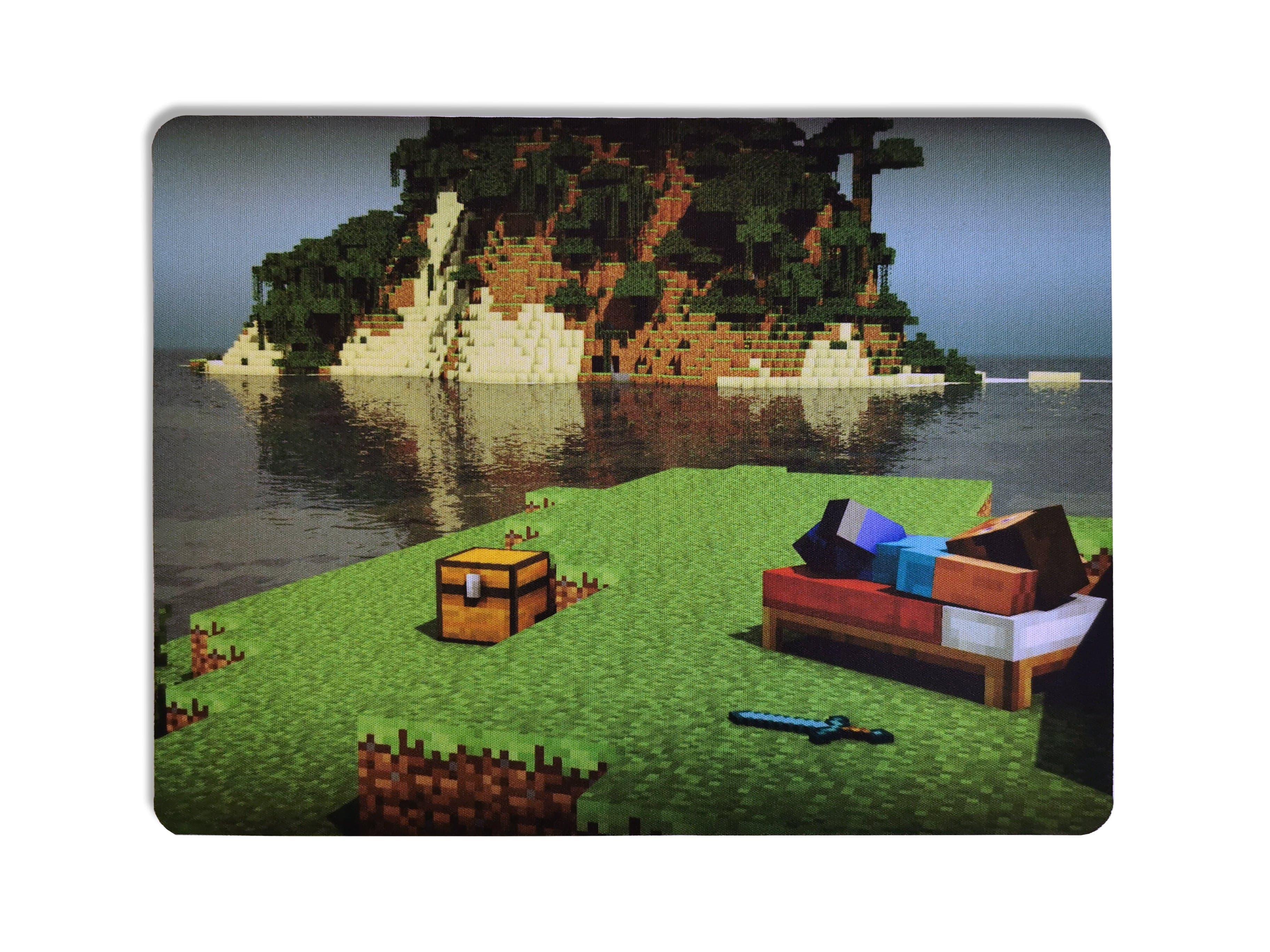 Personalizowany podkładka z motywem Minecraft: wyspa, skrzynia, łóżko i miecz – idealny prezent dla gracza