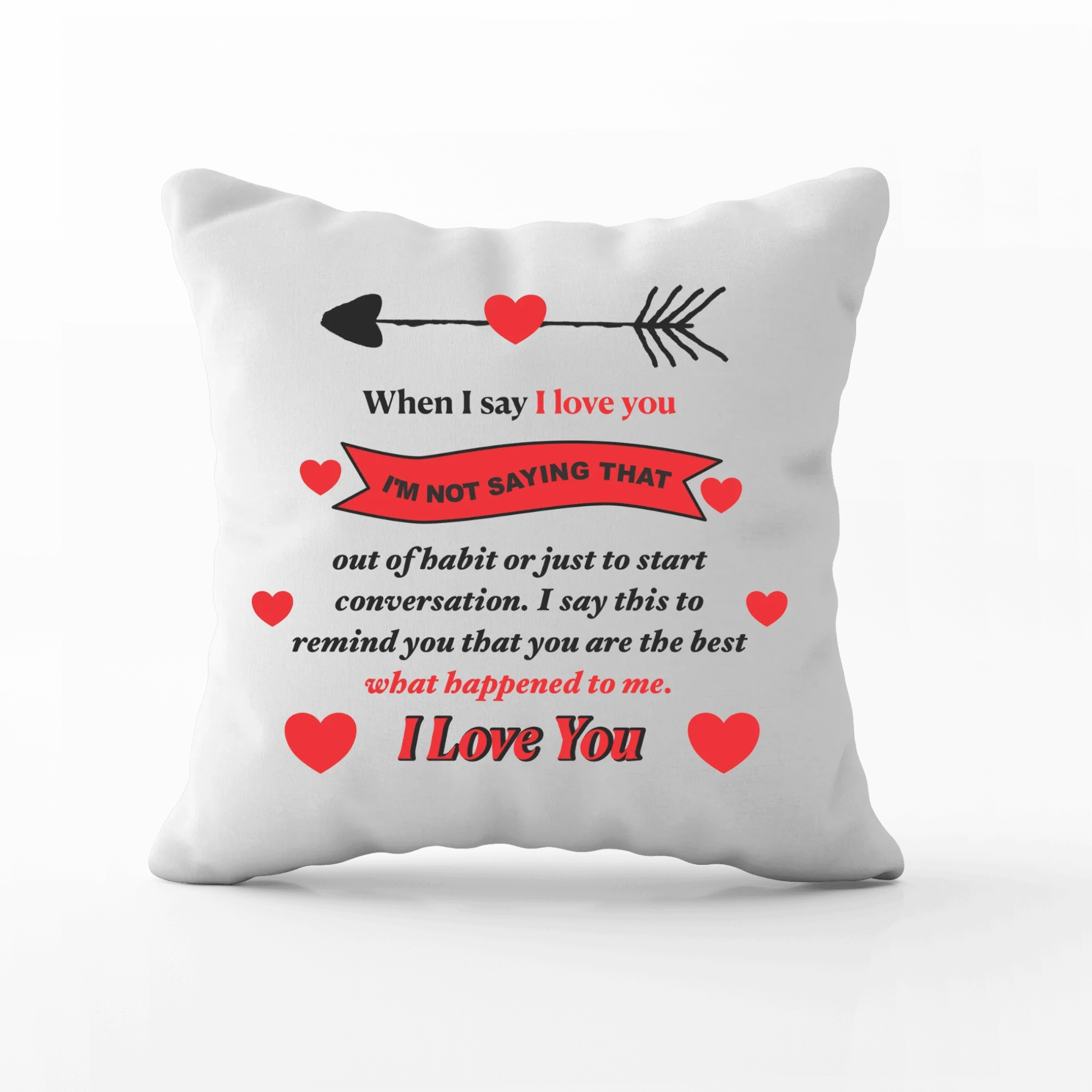 Biała poduszka z napisem 'I Love You' i czerwonymi sercami, idealny personalizowany prezent dla ukochanej osoby.
