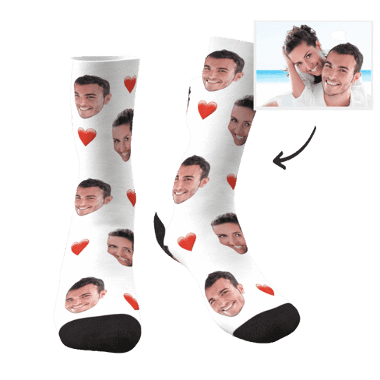 Śmieszne personalizowane skarpetki w serca z Twoją twarzą na prezent