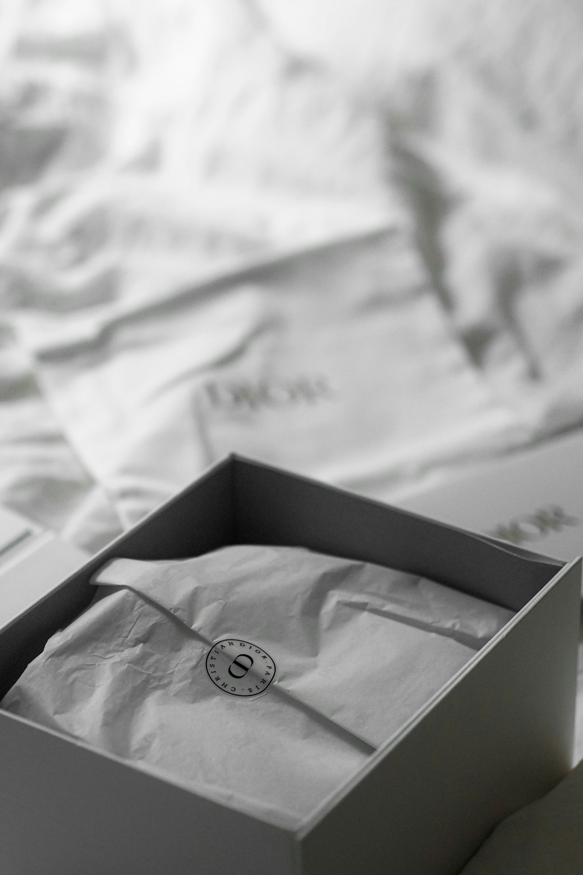Dior gift box with tissue paper and logo.